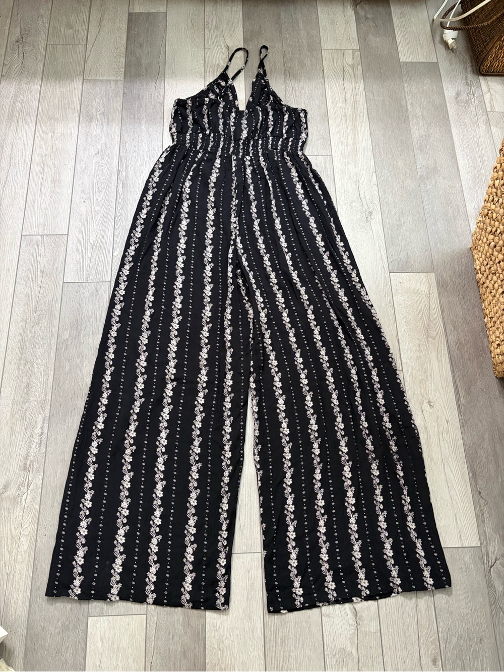 Angie Black Floral-Striped Wide Leg Jumpsuit Size S/XS